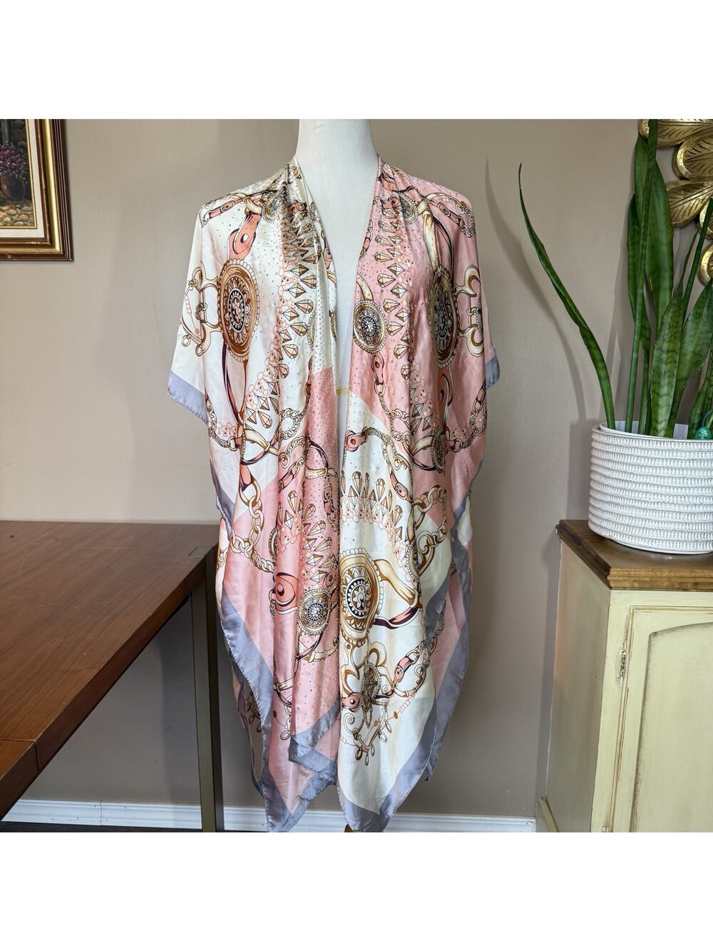 Adrienne Vittadini Kimono Cardigan One Size Pink Chain Boho Cover Up Shawl